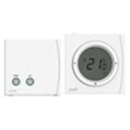 Funk-Raumthermostat mit LCD-Anzeige, zwei Bedienelementen, Temperaturbereich von 5-30°C. Danfoss Produkt, geeignet zur Temperaturregelung in Räumen.